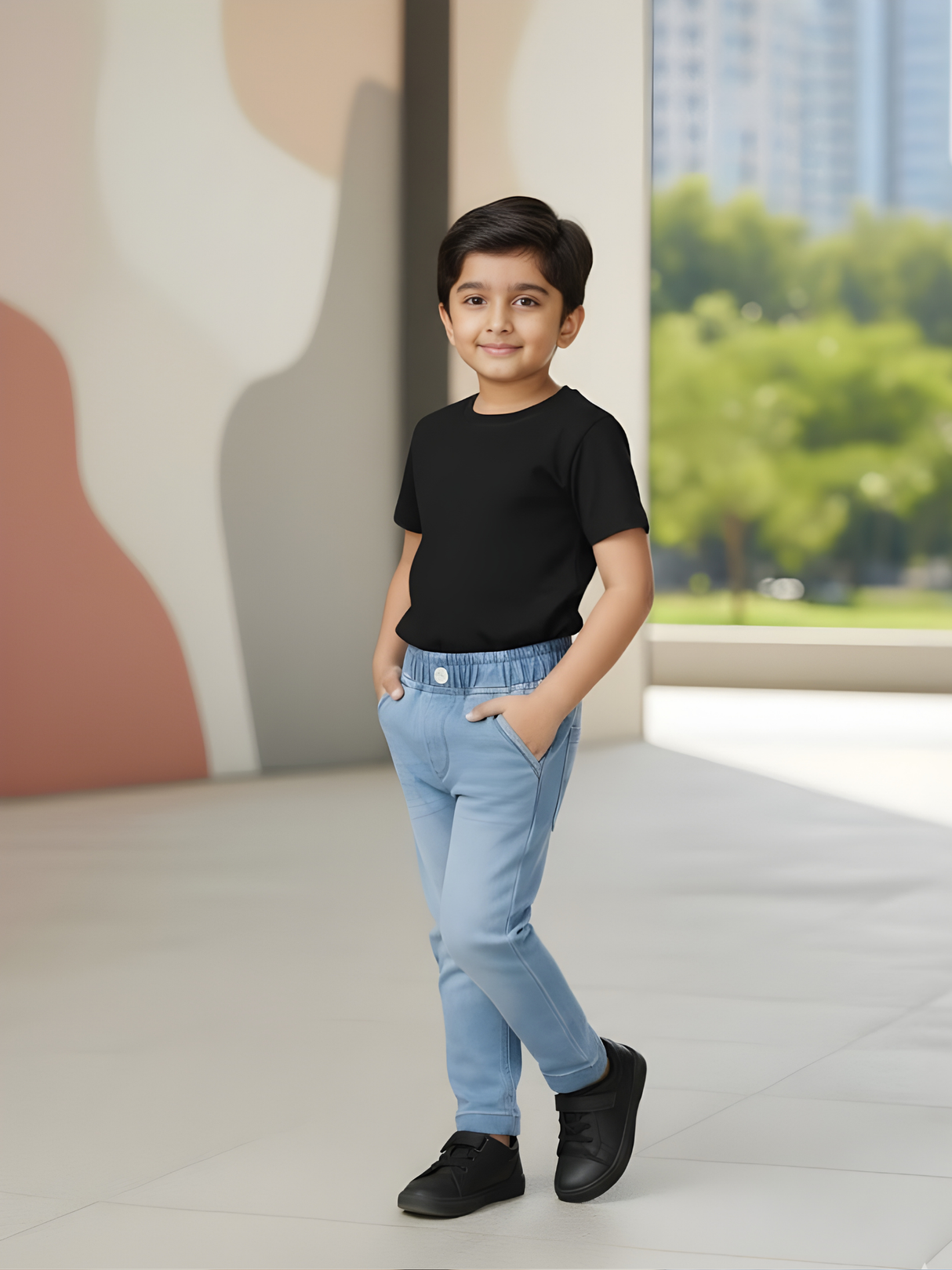 Boys' Light Blue Wash Knit Denim Pull-On Pants (Slim Fit)