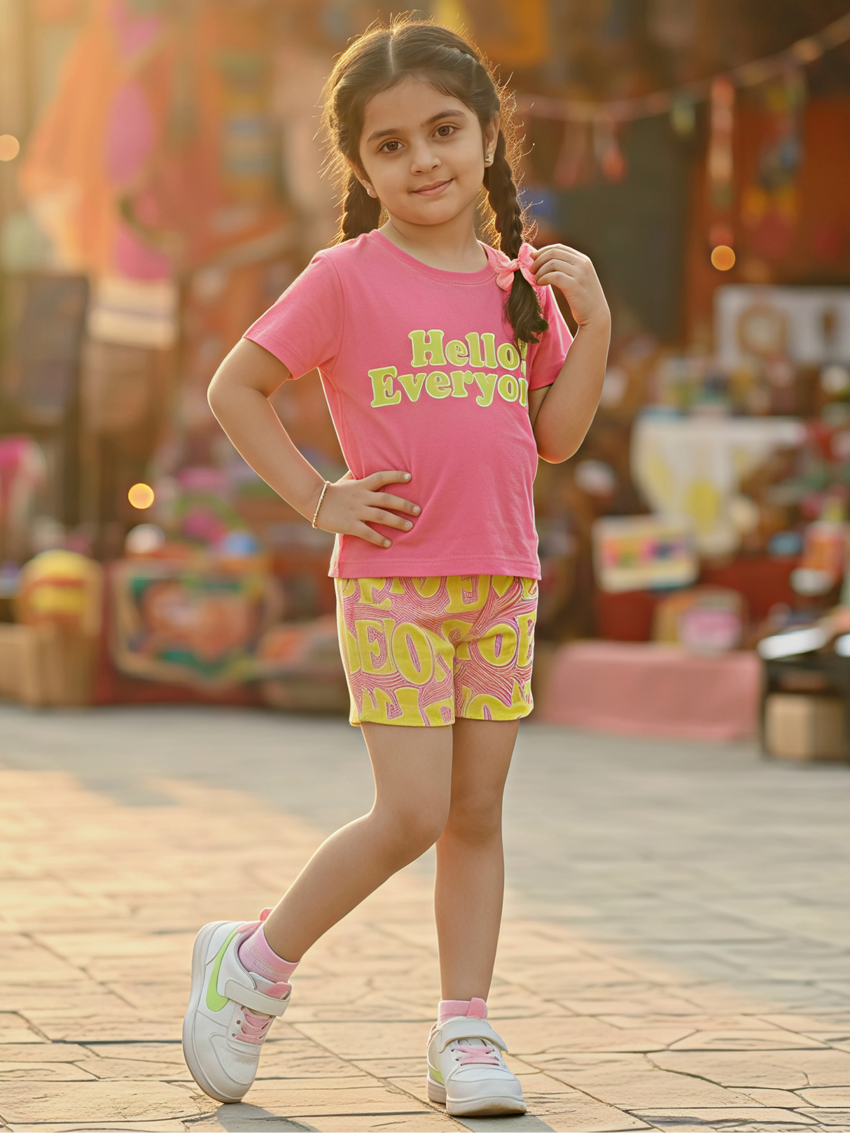 Girls Pink Cotton Blend "Hello Everyone" Printed T-Shirt and Shorts Co-ord Set