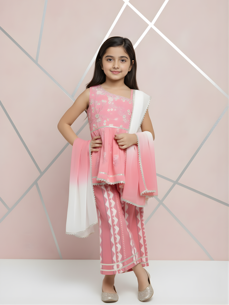 Girls' Powder Pink Embroidered Peplum Kurta & Printed Sharara Set.