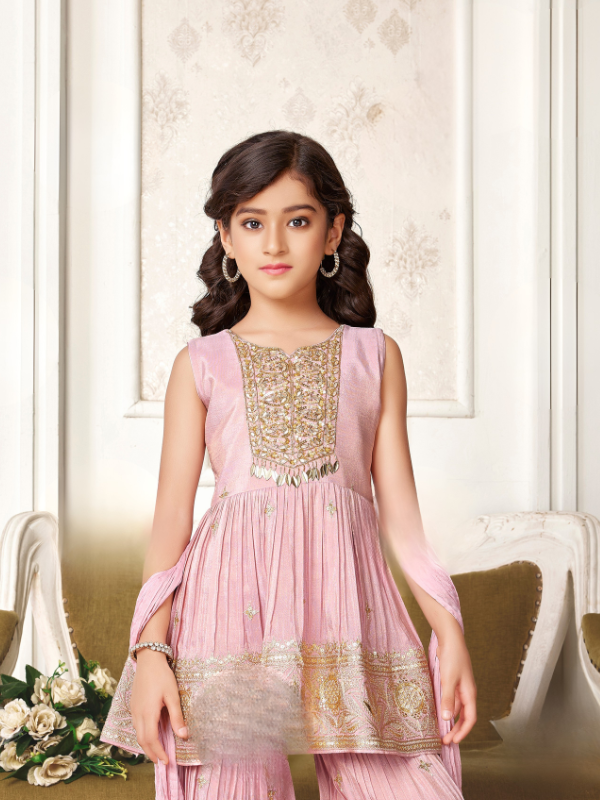 Girls Traditional Sleeves Less Sharara Set - Peach