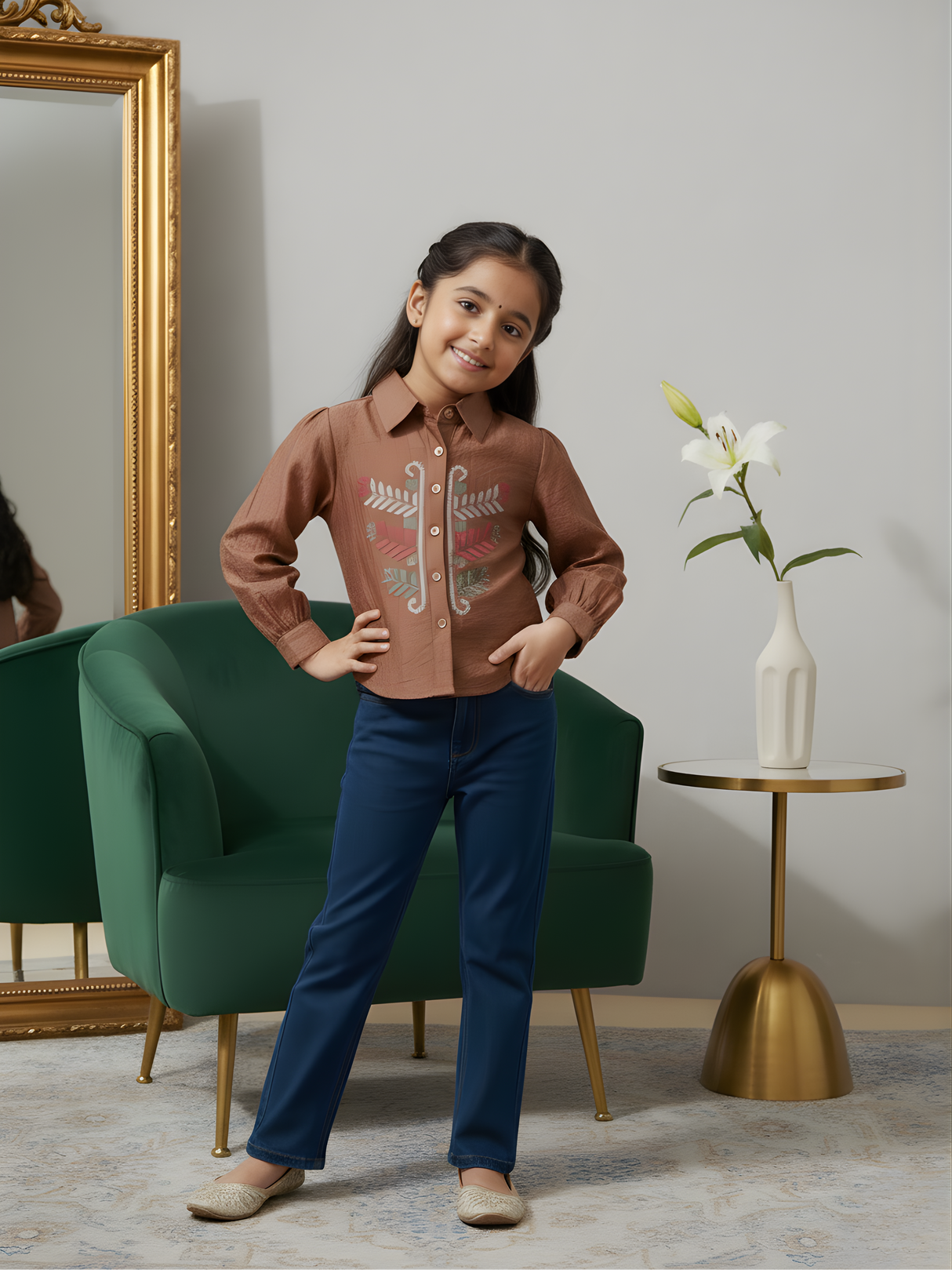 Girls' Brown Embroidered Puff-Sleeve Collared Shirt