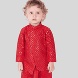 Boys Traditional With Work Kurta Set With Mojdi - Red