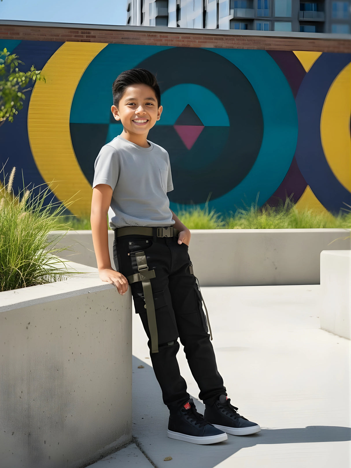 Boys' Urban Tactical Black Track Pants with Olive Webbing Straps