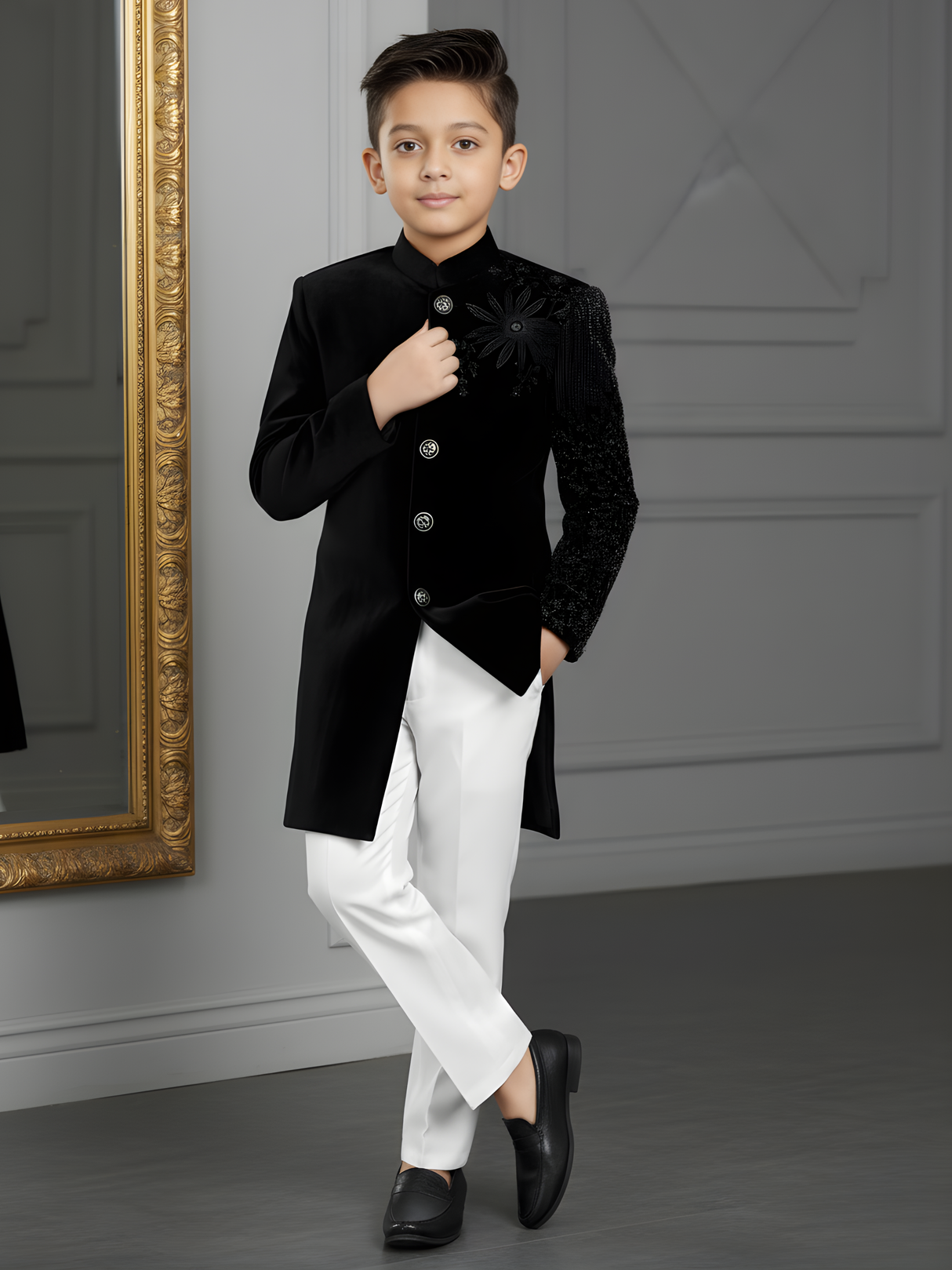 Boys' Black Velvet Achkan Suit with Heavy Thread and Zari Embroidery