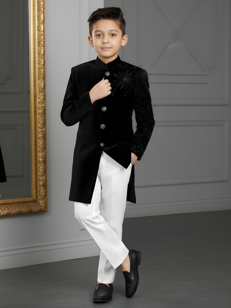 Boys' Black Velvet Achkan Suit with Heavy Thread and Zari Embroidery