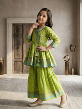 Girls' Elegant Teal Floral Print Angrakha Kurti, Trouser & Dupatta Set