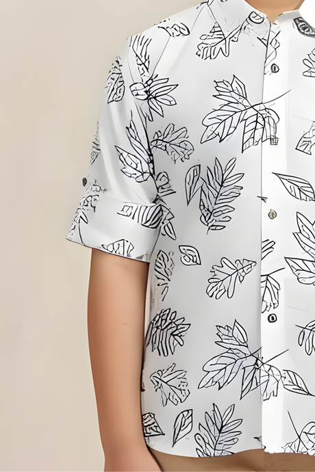 Boys' Stylish White Casual Shirt with Black Outline Leaf Print