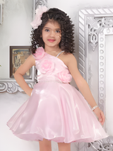 Girls Party Satin Party Frock With Work - Pink