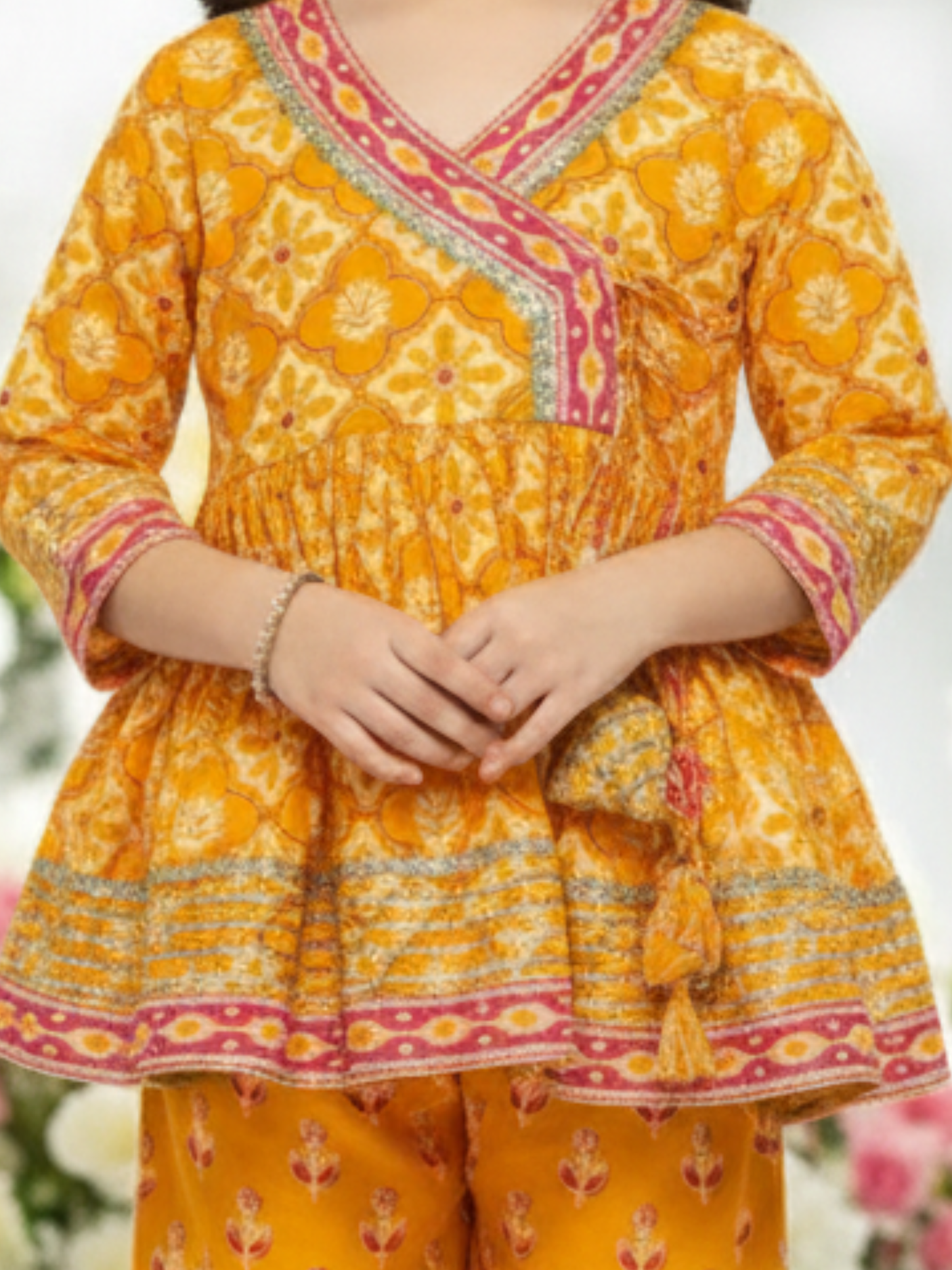 Girls' Vibrant Orange Floral Print Angrakha Kurti and Tiered Sharara Set