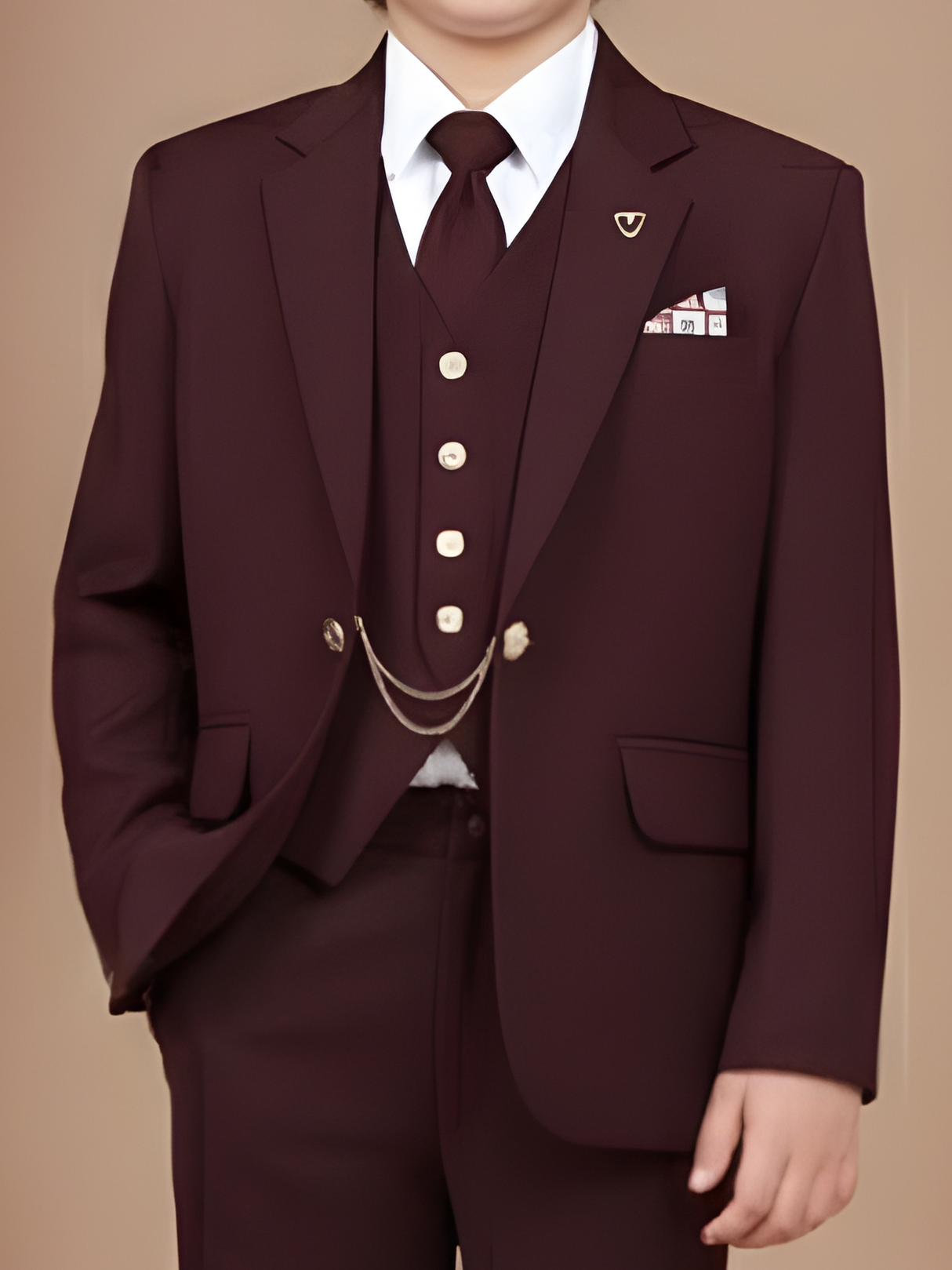 Boys' Plum/Maroon Velvet Achkan Suit with Gold Embroidered Motif
