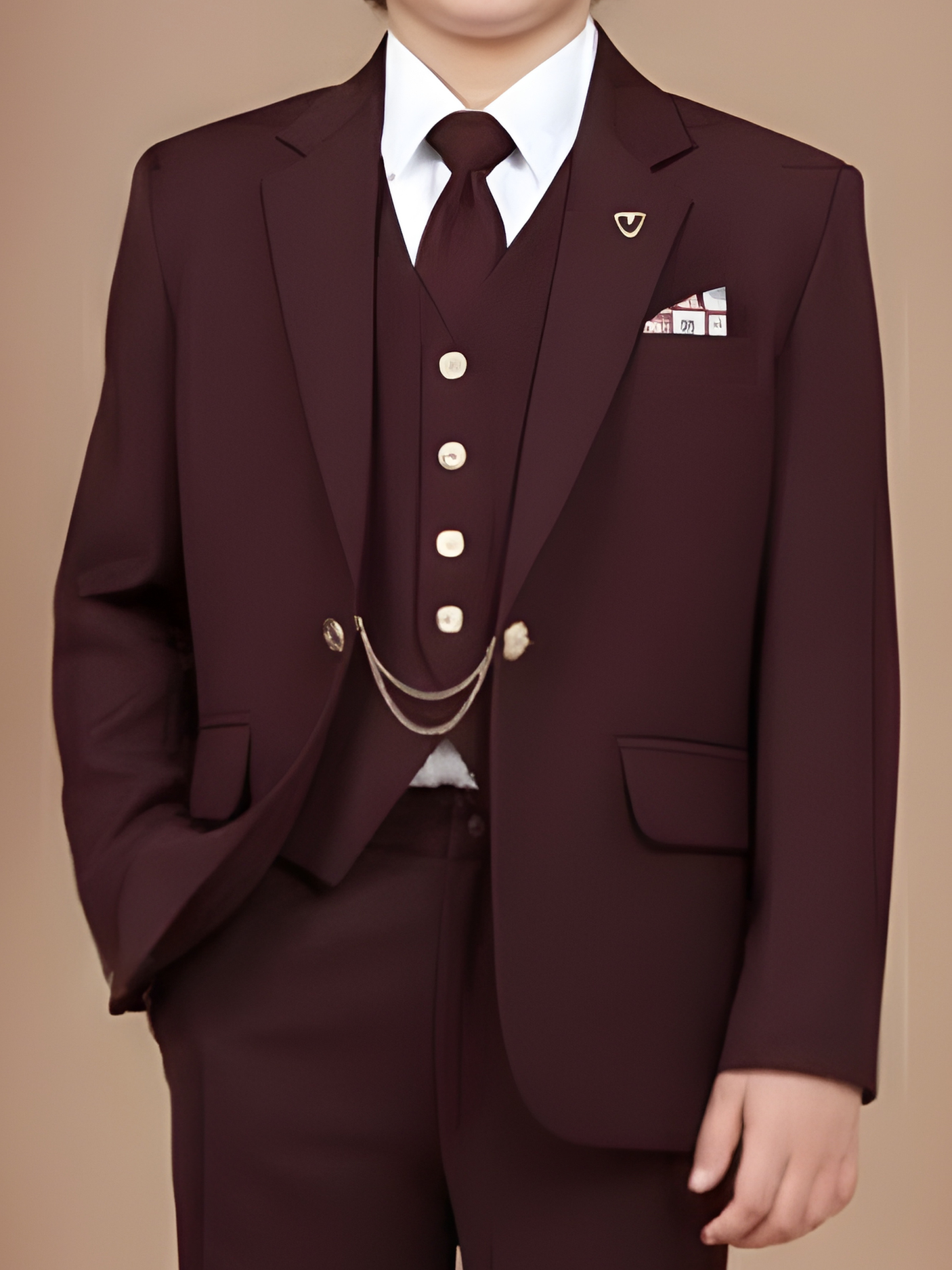 Boys' Plum/Maroon Velvet Achkan Suit with Gold Embroidered Motif