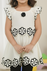 Girls' Elegant Cream Dress with Black Floral Embroidery