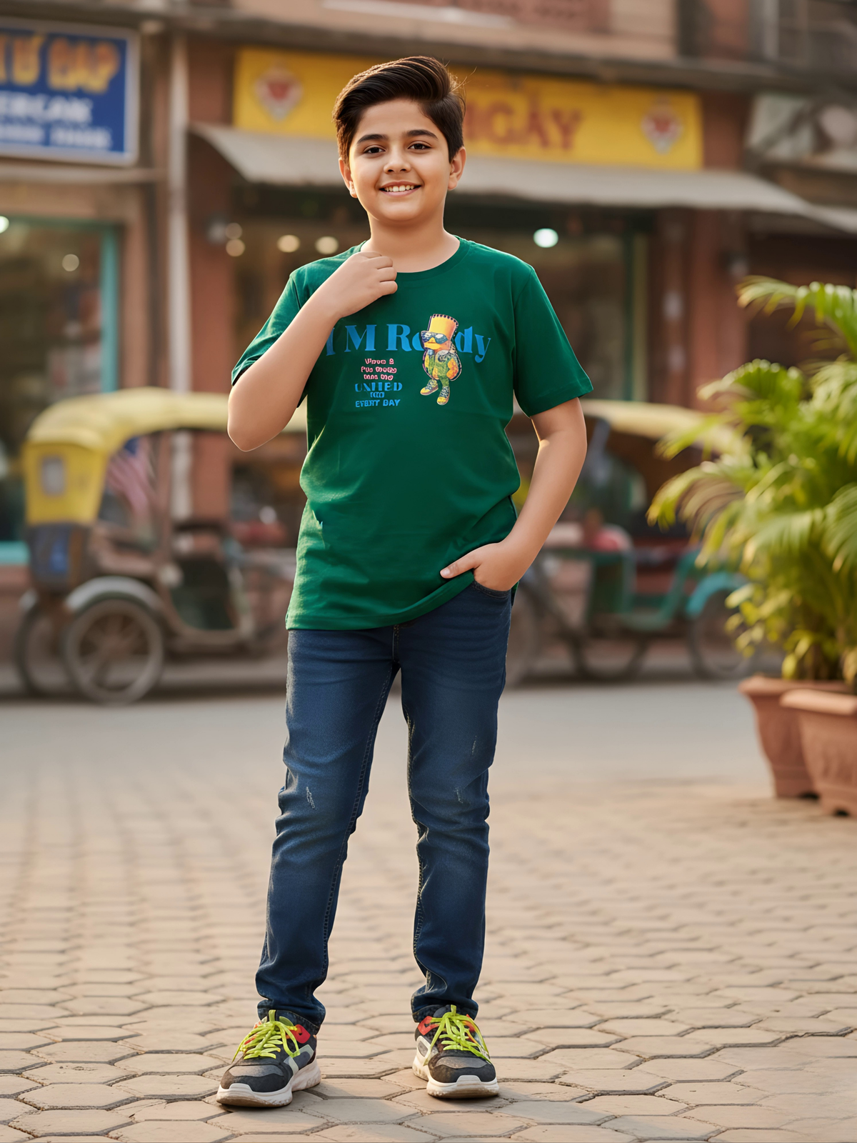 Boys' Casual Green Graphic Print Cotton T-Shirt