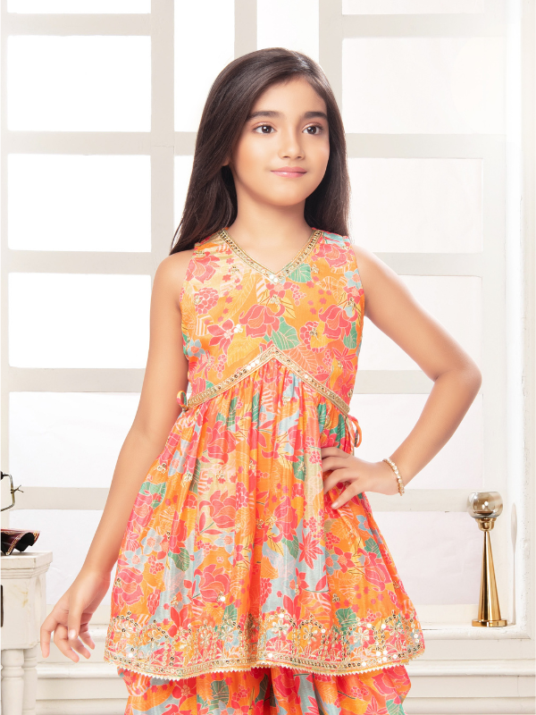Girls Traditional Cap Sleeves Patiala Set - Orange