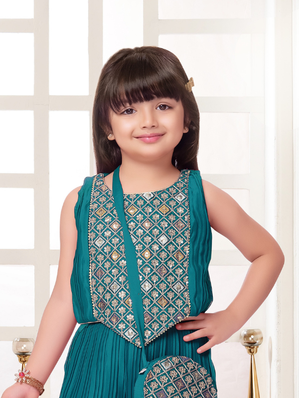 Girls Traditional Sleeves Less Plazo Set - Green