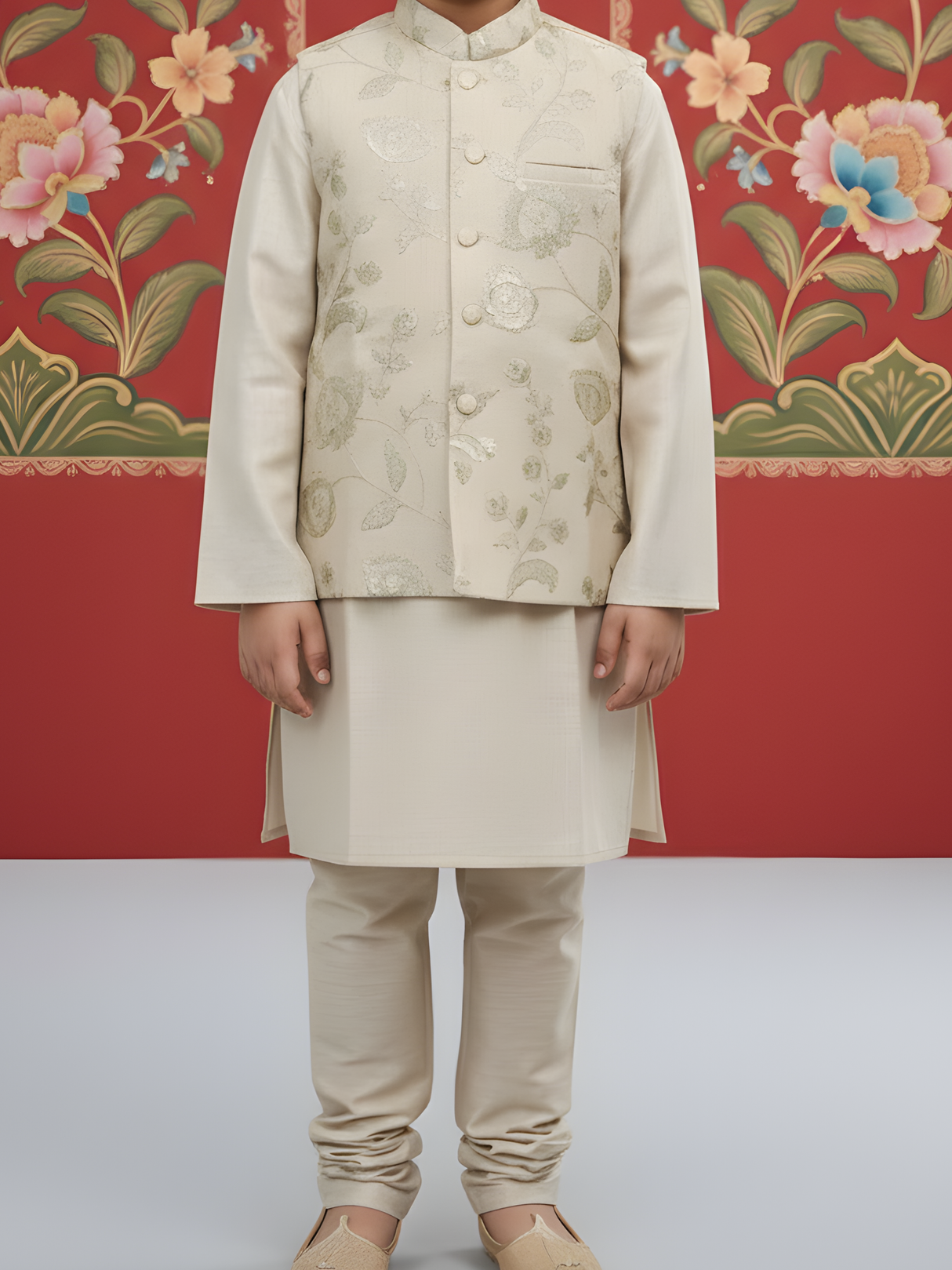 Boys' Cream Silk-Blend Kurta Pajama Jacket Set