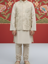 Boys' Cream Silk-Blend Kurta Pajama Jacket Set