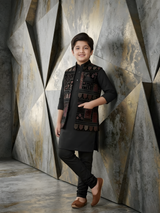 Boys Traditional Printed Chuddidar Kurta with Koti - Black