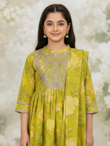 Girls' Lime Green Floral Print Kurta & Sharara Set with Tassels.
