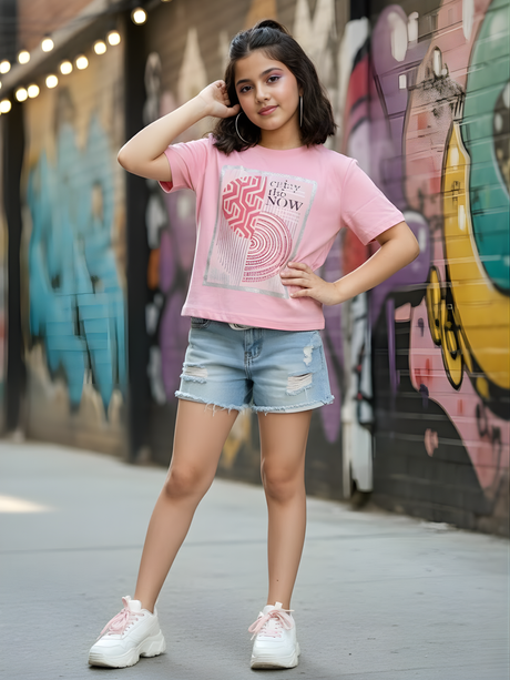 Girls Blush Pink "Enjoy The Now" Abstract Graphic Top.