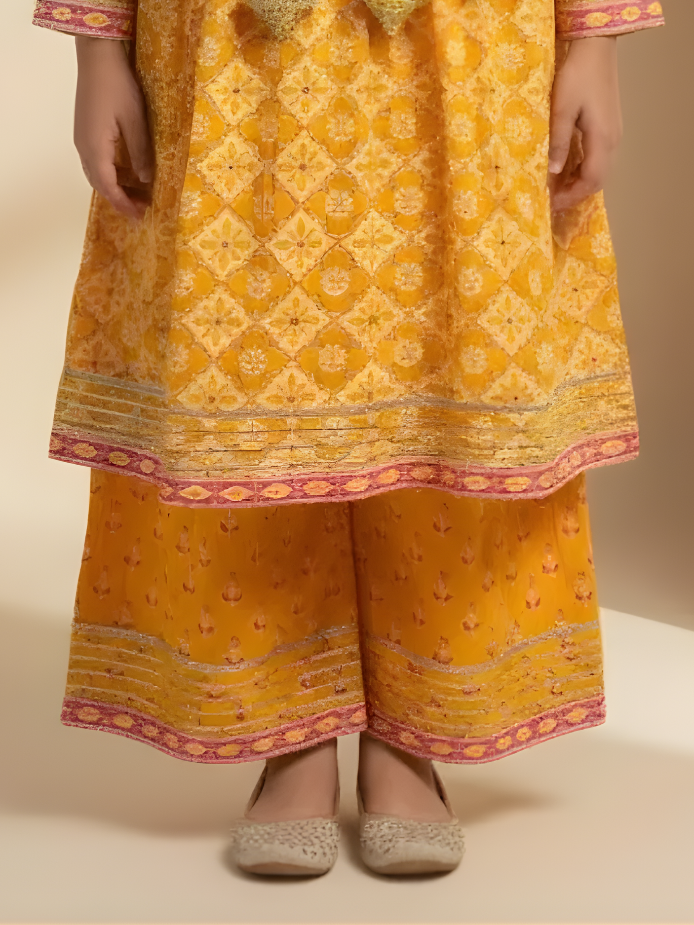 Girls Mustard Yellow Angrakha Style Kurta and Palazzo Set