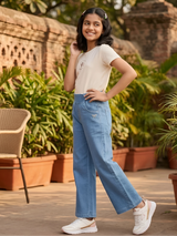 Girls' Stylish High-Waist Wide-Leg Denim Pants