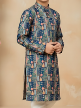 Boys' Blue & Green Festive Figurative Print Kurta Pyjama Set.