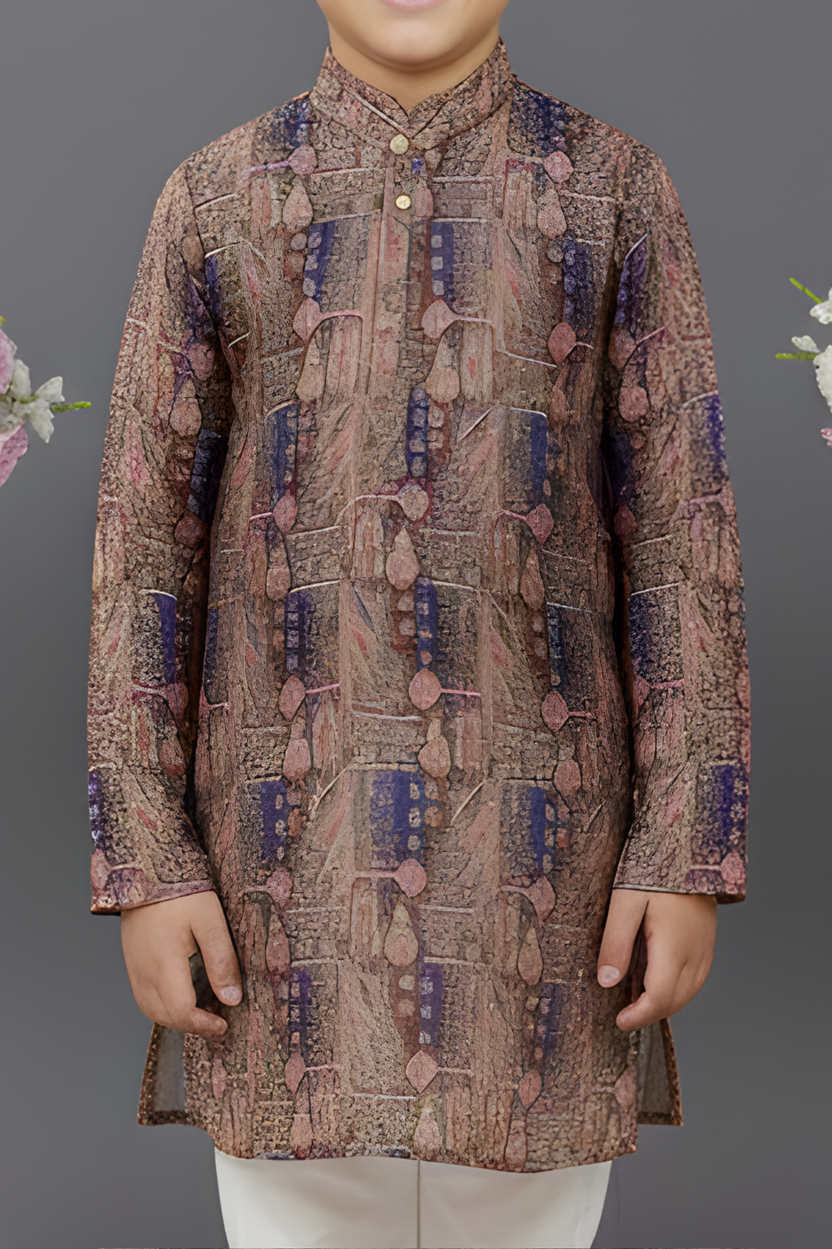 Boys' Mauve & Navy Printed Kurta with White Pyjama Set