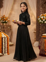 Girls Black Embroidered Jacket Style Choli Set with Pleated Lehenga