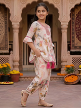 Girls Pink Floral Printed Peplum Kurta with Dhoti Pant Set