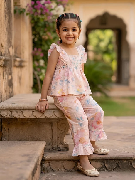 Girls Pink Floral Ruffle Coordinate Set