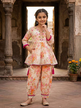 Girls Pink Floral Print Peplum Kurta and Pant Set