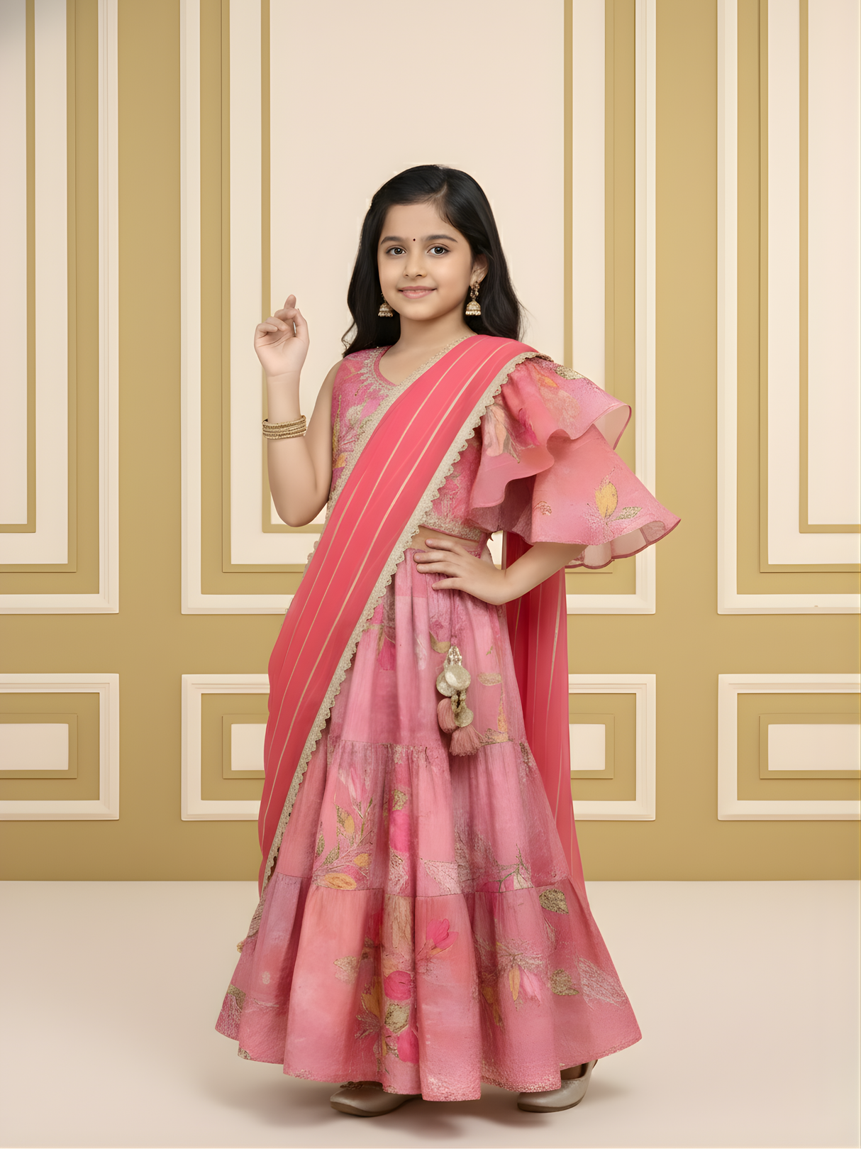Girls' Peach and Rani Pink Tiered Lehenga Choli with Ruffle Sleeve
