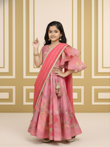 Girls' Peach and Rani Pink Tiered Lehenga Choli with Ruffle Sleeve