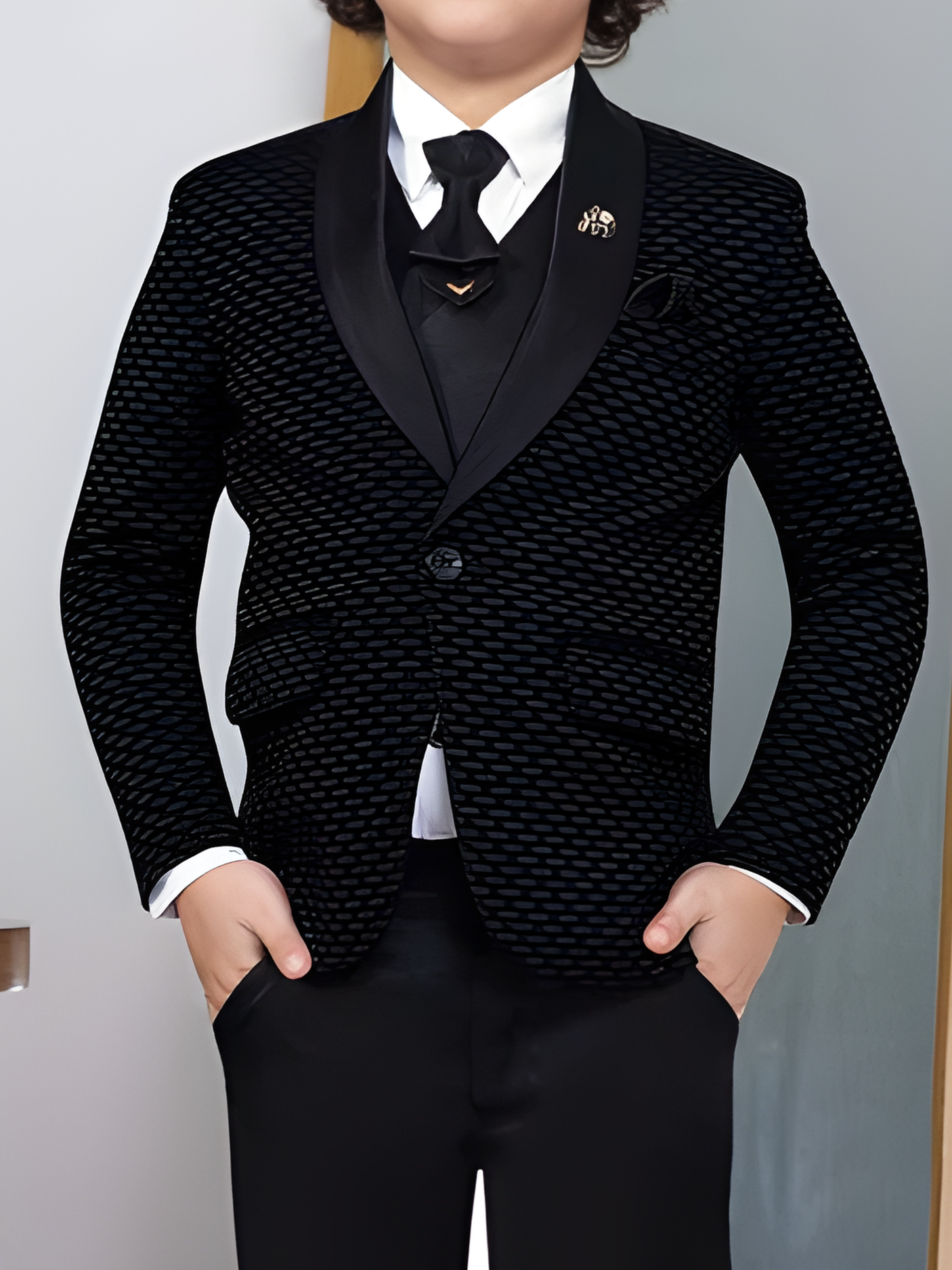 Boys' Black Textured Coat Suit with Waistcoat and Bow Tie