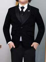 Boys' Black Textured Coat Suit with Waistcoat and Bow Tie