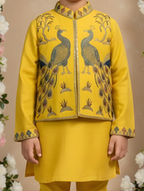 Kids Yellow Kurta Set with Embroidered Peacock Jacket – Festive Ethnic Wear
