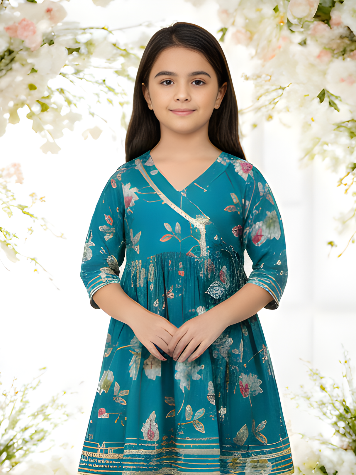 Girls' Cheerful Lime Green Print Angrakha Kurti and Sharara Skirt Set