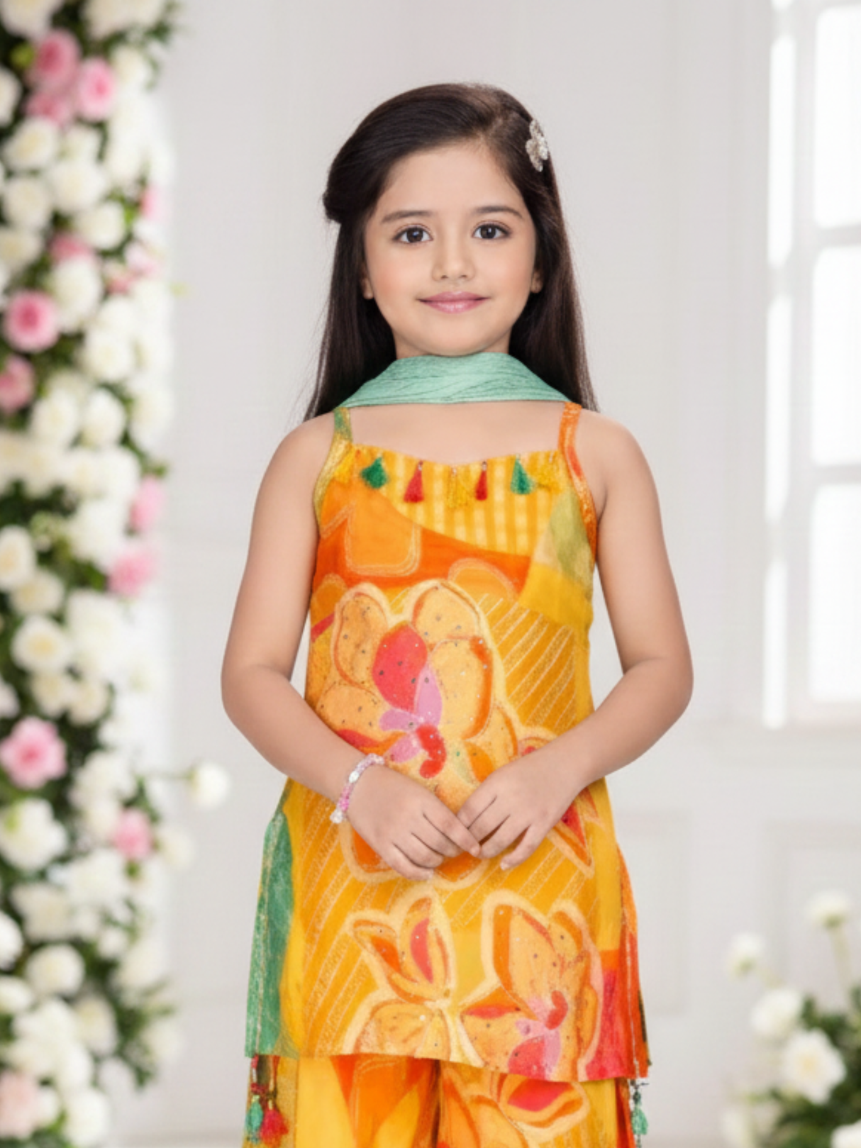 Girls' Bright Yellow Floral Print Camisole Top and Wide-Leg Palazzo Set.