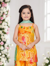 Girls' Bright Yellow Floral Print Camisole Top and Wide-Leg Palazzo Set.