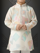 Boys Cream Kurta Set with Pastel Geometric Prints & Embroidered Neckline
