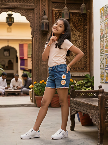 Girls' Floral Embroidered Blue Denim Shorts