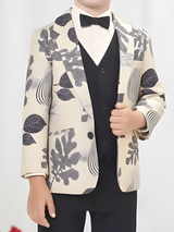 Boys' Cream & Black Botanical Print 3-Piece Suit Set.