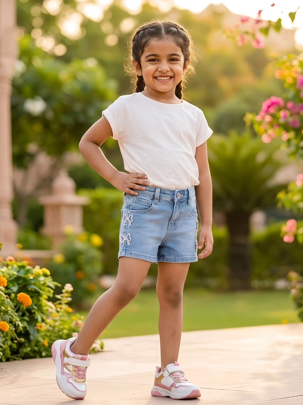 Girls Light Blue Embroidered Denim Shorts - Love & Joy Edition