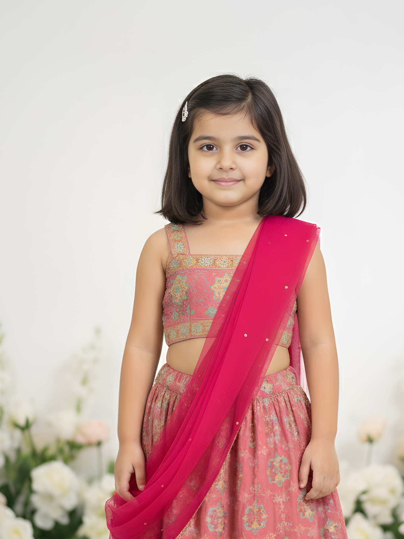 Girls' Festive Coral Pink Crop Top (Choli) and Embroidered Lehenga Skirt Set