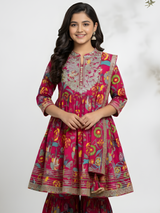 Girls' Deep Pink Print Angrakha Kurti and Flared Sharara Skirt Set