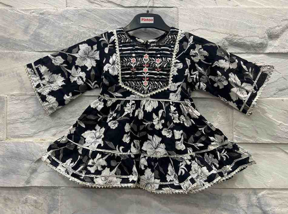Girls' Black Floral Ethnic Set with Embroidered Top & Sharara Pants