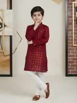 Boys' Maroon Sequin Embroidered Kurta with White Pyjama Set.