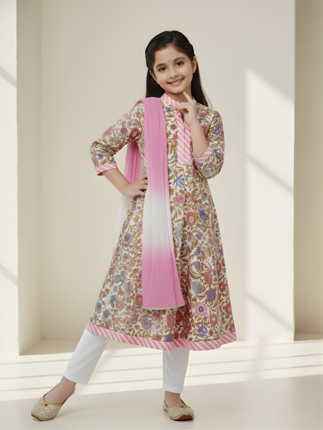 Girls' Casual Block Print Floral A-Line Tunic/Kurti