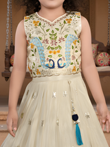 Girls' Elegant Cream Peacock Embroidered Lehenga Choli Set